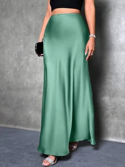 Women Ribbon Satin Long Skirts Summer High Elastic Waist Pleated Fake Mermaid Skirt DFFZ-B0038