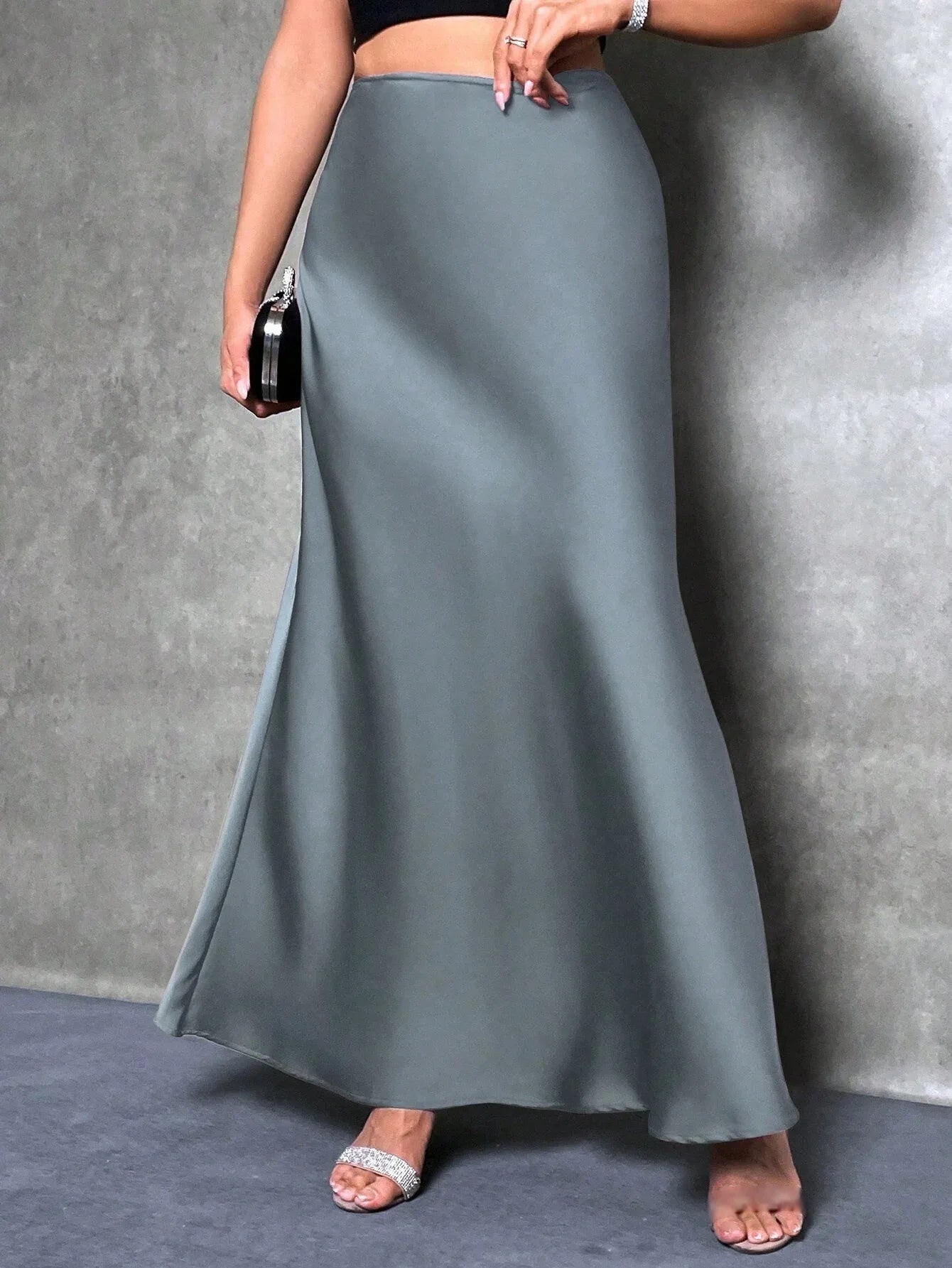 Women Ribbon Satin Long Skirts Summer High Elastic Waist Pleated Fake Mermaid Skirt DFFZ-B0038