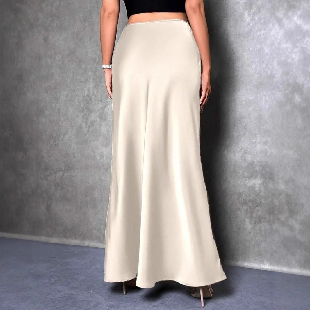 Women Ribbon Satin Long Skirts Summer High Elastic Waist Pleated Fake Mermaid Skirt DFFZ-B0038