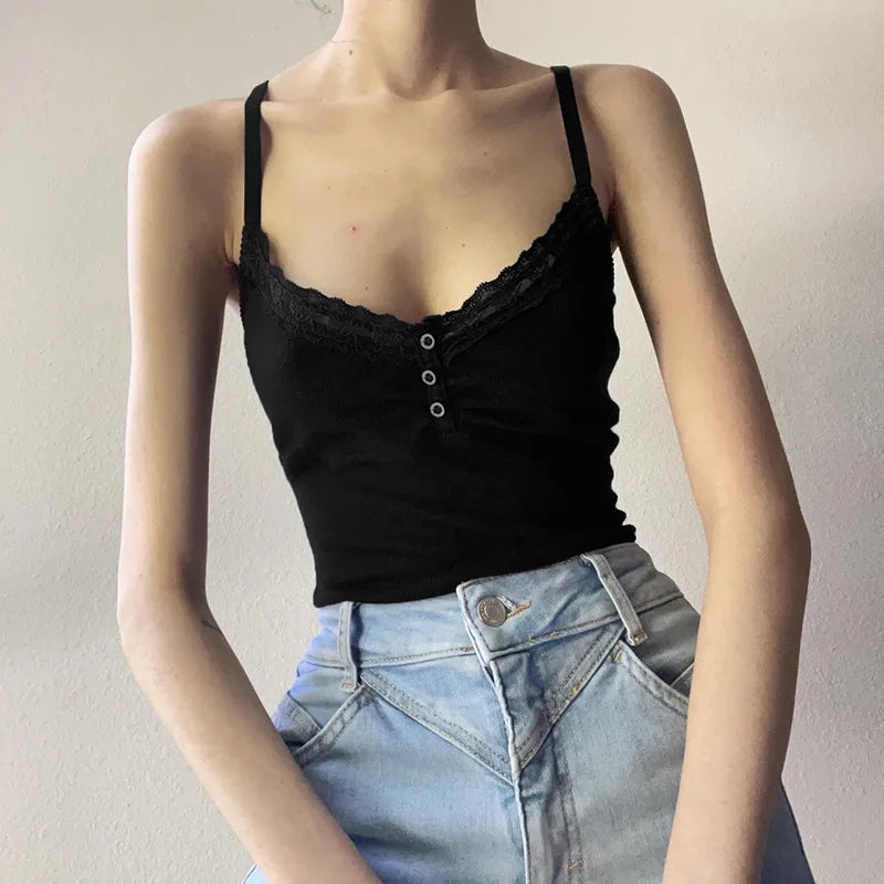 Sexy Folds Buttons Sleeveless Crop Top Black Vintage Y2K Corset Tops  Casual Basic T-shirt