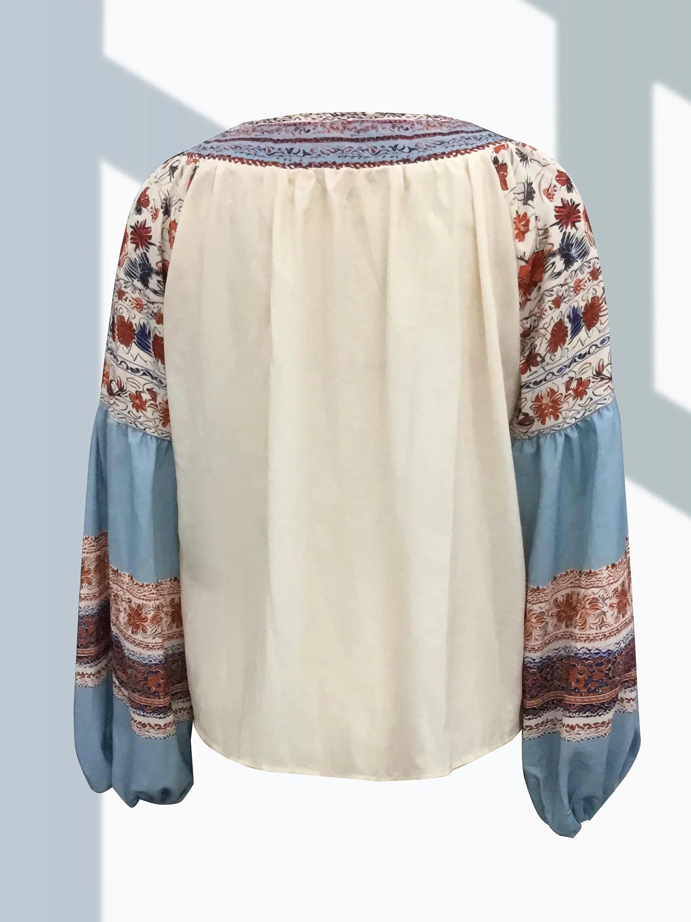 Lantern Sleeves Boho Blouse Floral Pattern Drawstring Lace Up Vintage Ethnic Style Women Shirts Tops Spring Autumn Chic Blouses