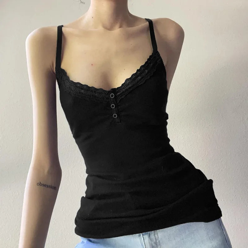 Sexy Folds Buttons Sleeveless Crop Top Black Vintage Y2K Corset Tops  Casual Basic T-shirt