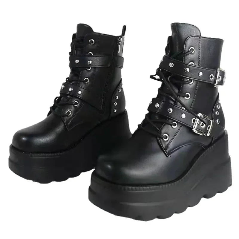 New Women's Pu Leather Ankle Boots Women Autumn Winter Round Toe Lace Up Shoes Woman Motorcycle Platform Botas Gothic Shoes