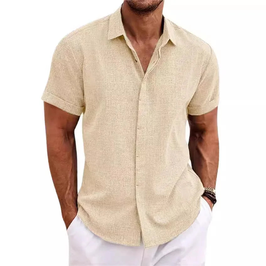 Men's White Shirt Short-sleeved Cotton Linen Comfortable Solid Color Basic Top Casual Black Button Blouses for Male