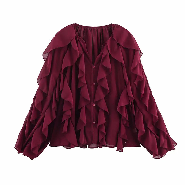 Women Long Sleeve Ruffle Trims Elegant Shirts & Blouses