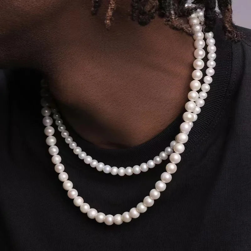 Pearl Necklace Men Simple Handmade Strand Bead Necklace New Trendy Men Jewelry for Women Girls Wedding Banquet Necklaces