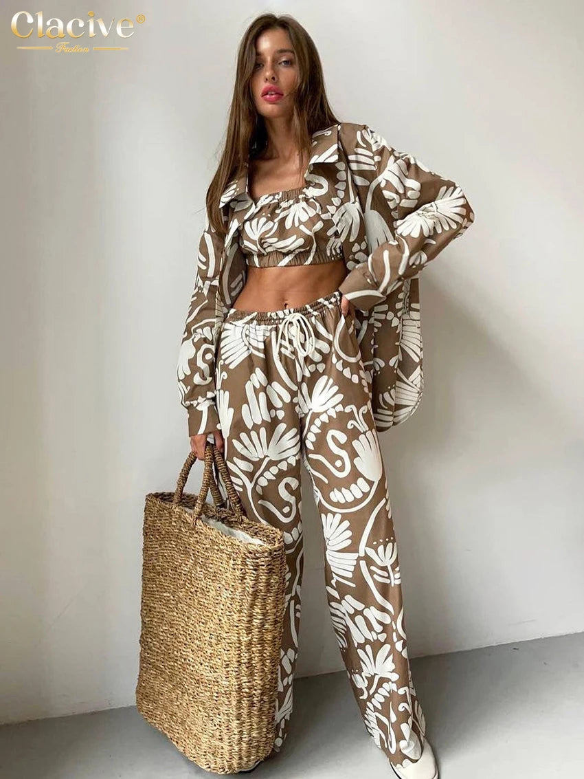 Clacive Fashion Loose Print 3 Piece Set Women Outfit Elegant Long Sleeve Blouse + Sleeveless Tube Top With High Waist Pants Set