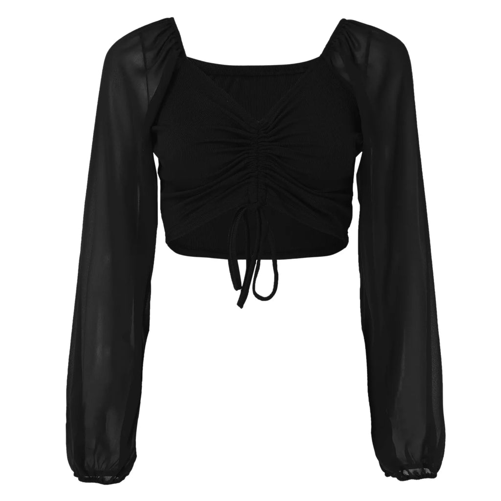 Comfortable New V Neck Chiffon Shirt Drawstring Hem Long Sleeve Tight Sexy Shirt Top Fashion Knit Elastic Blouse топ женский