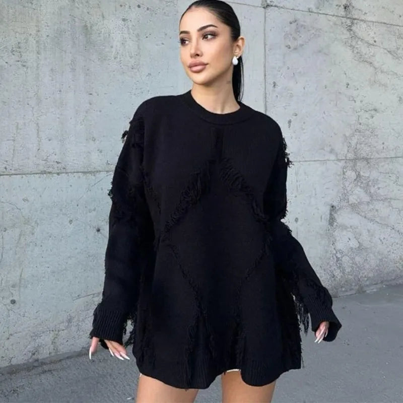 Talenza O-neck Hollow Patchwork Sweater Women's Casual Loose Tassel Sweater Pullover Solid  Long Sleeve Top Sweater Pullover Y2k