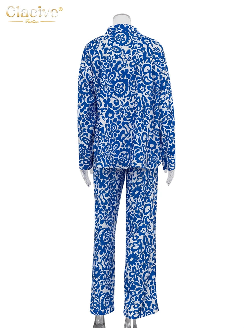 Clacive Fashion Loose Print 3 Piece Set Women Outfit Elegant Long Sleeve Blouse + Sleeveless Tube Top With High Waist Pants Set