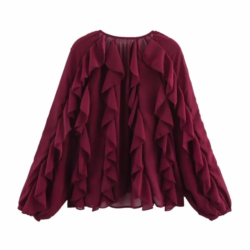 Women Long Sleeve Ruffle Trims Elegant Shirts & Blouses