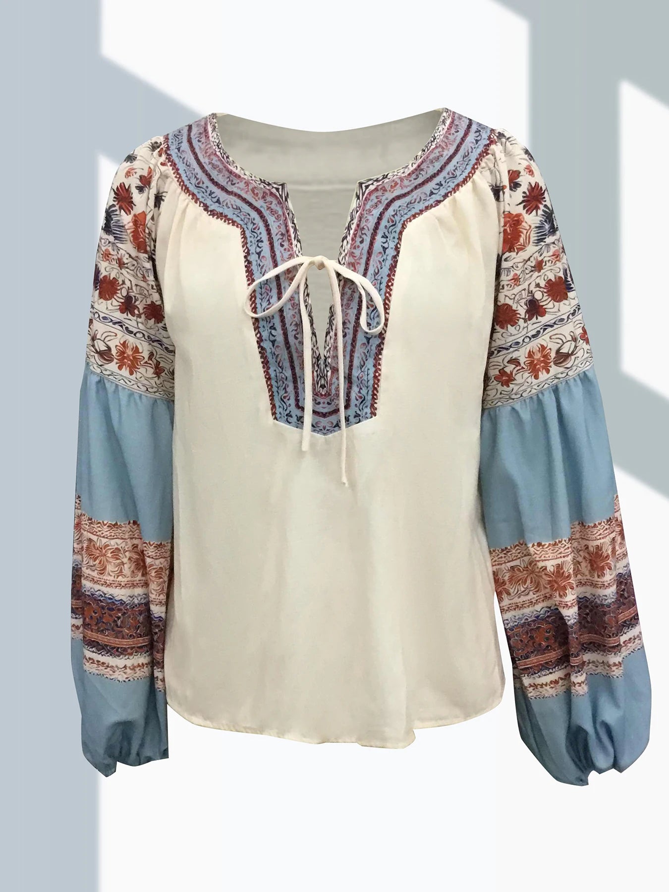 Lantern Sleeves Boho Blouse Floral Pattern Drawstring Lace Up Vintage Ethnic Style Women Shirts Tops Spring Autumn Chic Blouses