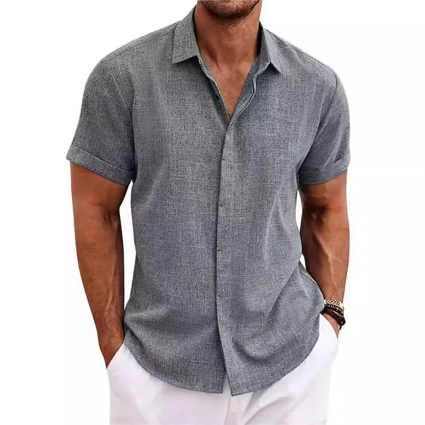 Men's White Shirt Short-sleeved Cotton Linen Comfortable Solid Color Basic Top Casual Black Button Blouses for Male