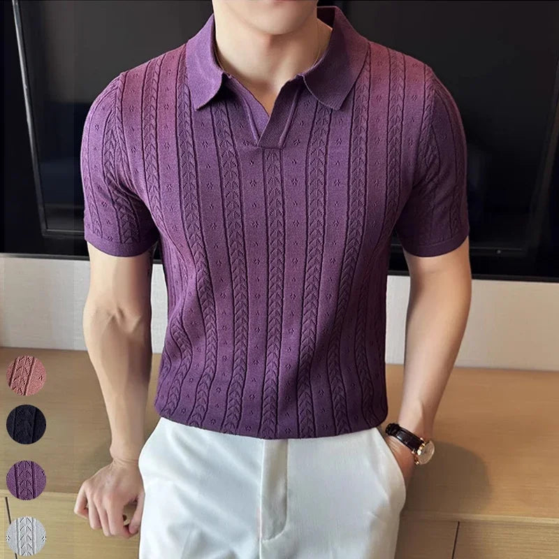 Men's Polo Shirt, Striped Jacquard Knit Short Sleeve, T-shirt V-neck Solid Color Elastic Top 2024. M-3XL,Summer Purple Thin