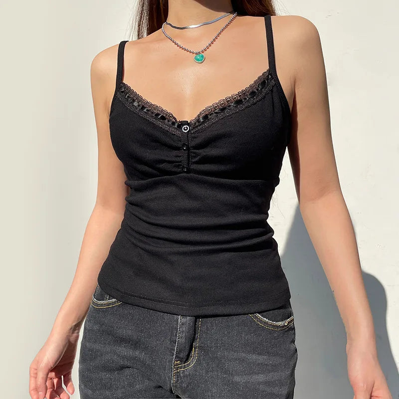 Sexy Folds Buttons Sleeveless Crop Top Black Vintage Y2K Corset Tops  Casual Basic T-shirt