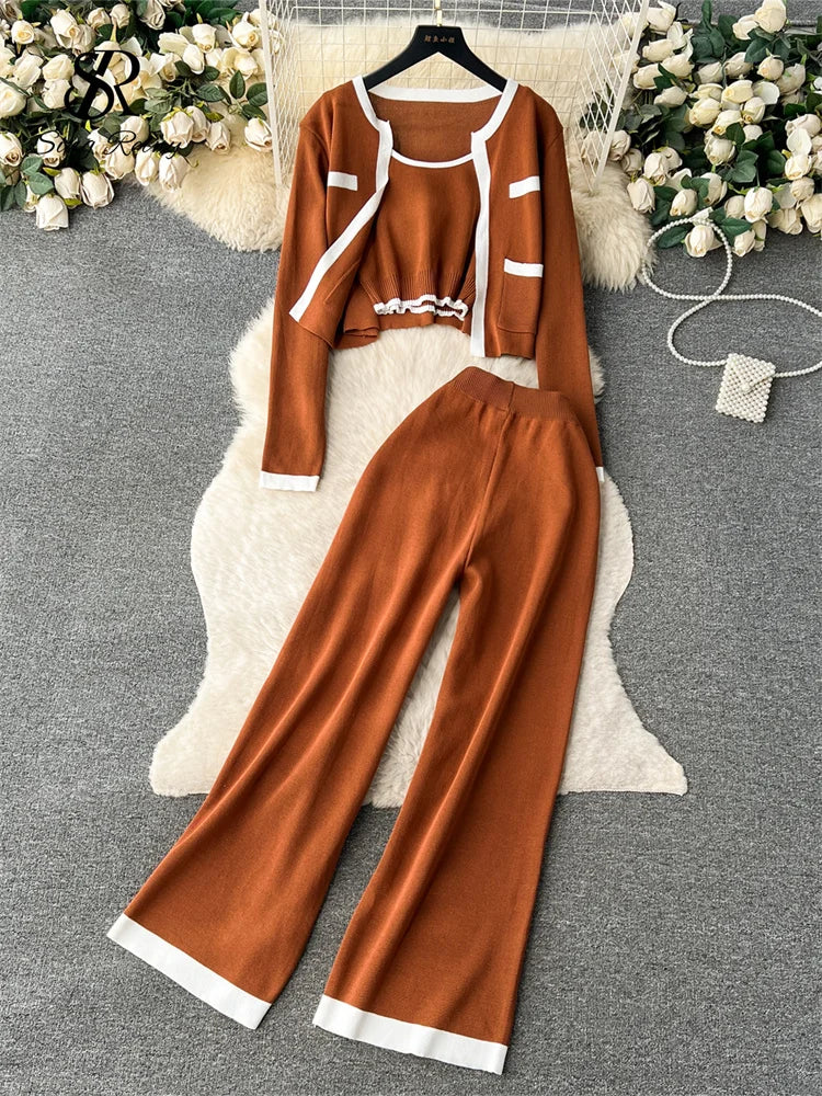 SINGREINY Autumn Knitted Three Pieces Sets 2025 Slim Tank Top+Long Sleeves Short Cardigan+Elastic Long Pants Fashion Sweater Set