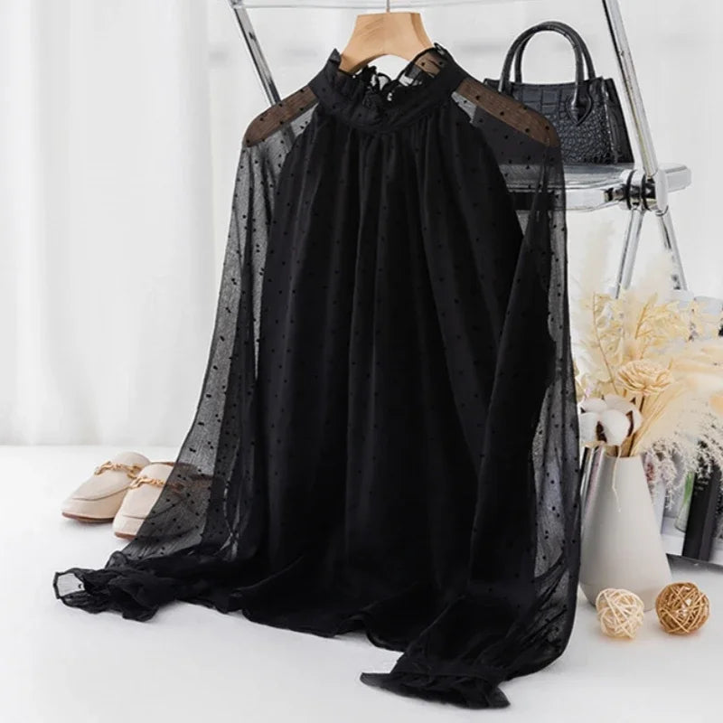 Spring Summer Black Polka Dots Mesh Women's Chiffon Blouses 2025 New Long Sleeve Stand Collar Vintage Loose Shirts Female