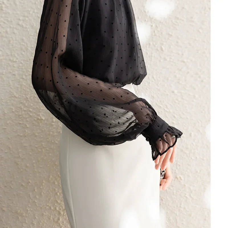 Spring Summer Black Polka Dots Mesh Women's Chiffon Blouses 2025 New Long Sleeve Stand Collar Vintage Loose Shirts Female