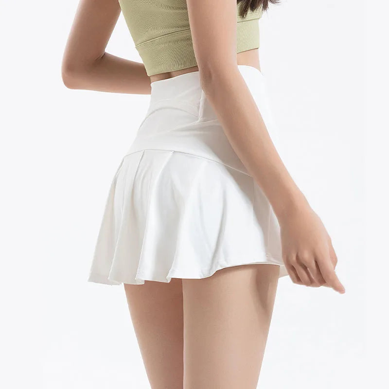 High-Waisted Sports Skirt for Women Solid Color Yoga Fitness Tennis Lining Shorts Skirts Female Cool Quick Drying A-Line Skirt