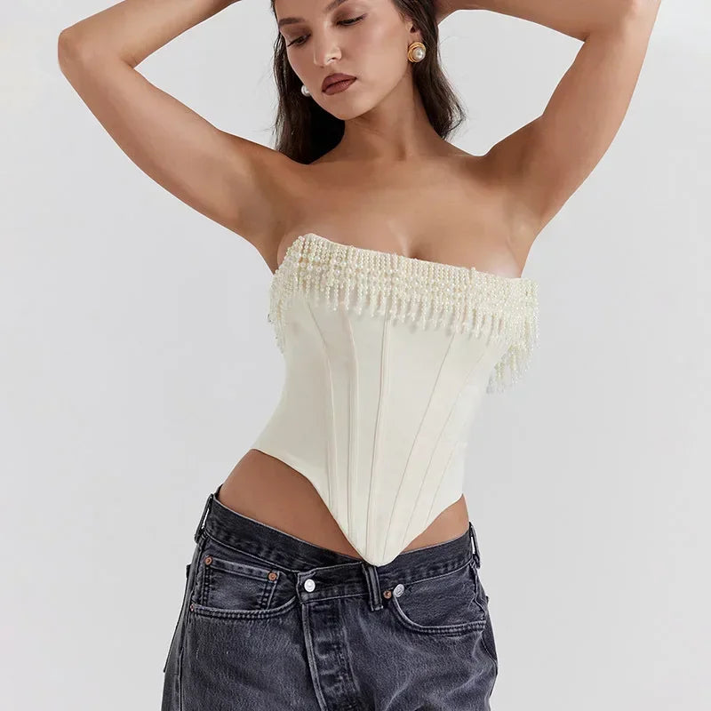 Pearl Tassel Corset Strapless Crop Tops Women 2024 Spring Sexy White Sleeveless Backless Tops Ladies Fashion Club Partywear