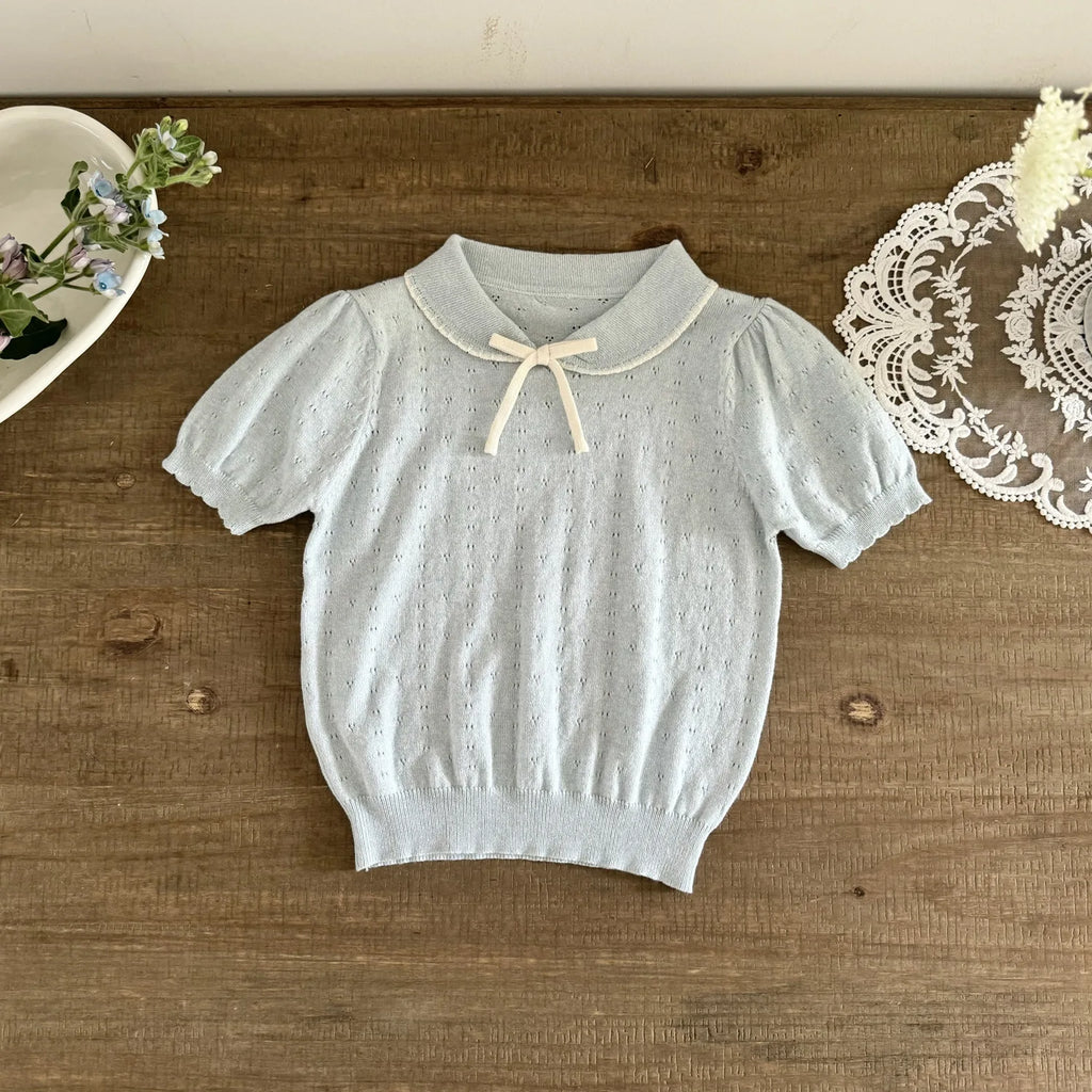 Girls Lapel Collar Short Sleeved Knitwear