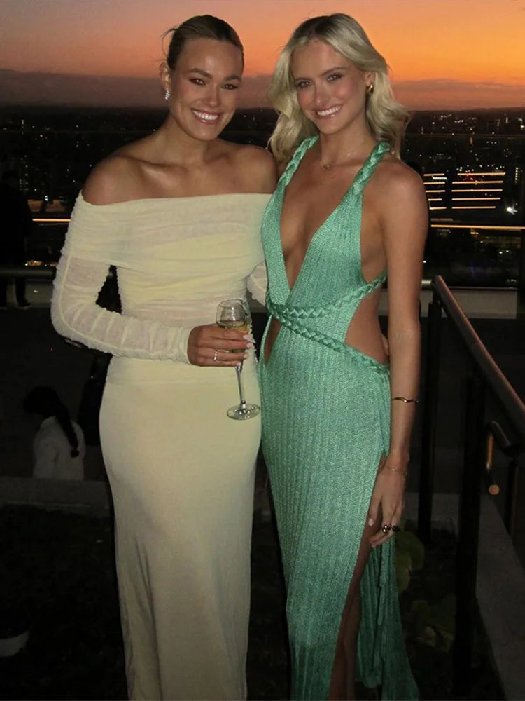 Sexy Knit Hollow Long Dress Women Green Ribbed Backless V-neck High Slit Dresses Female 2025 Summer Lady Beach Party Robes New