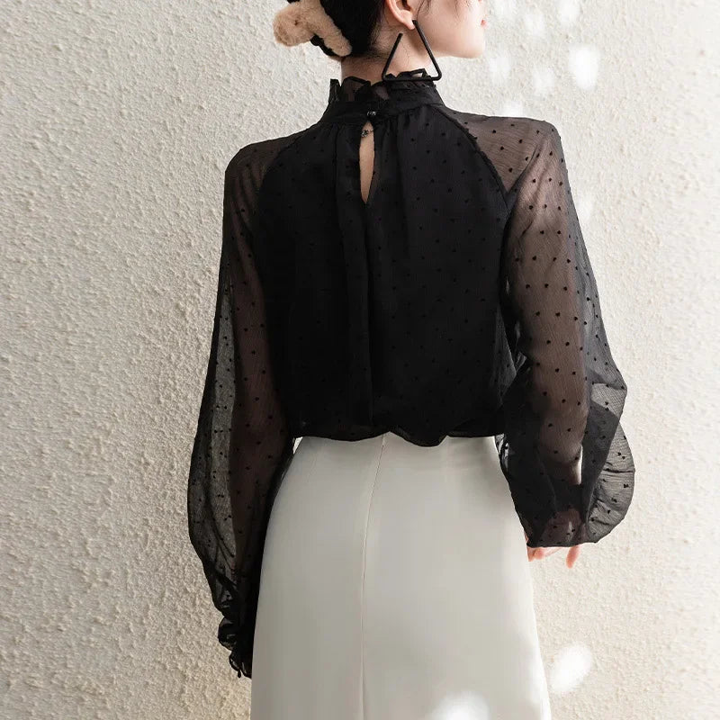 Spring Summer Black Polka Dots Mesh Women's Chiffon Blouses 2025 New Long Sleeve Stand Collar Vintage Loose Shirts Female